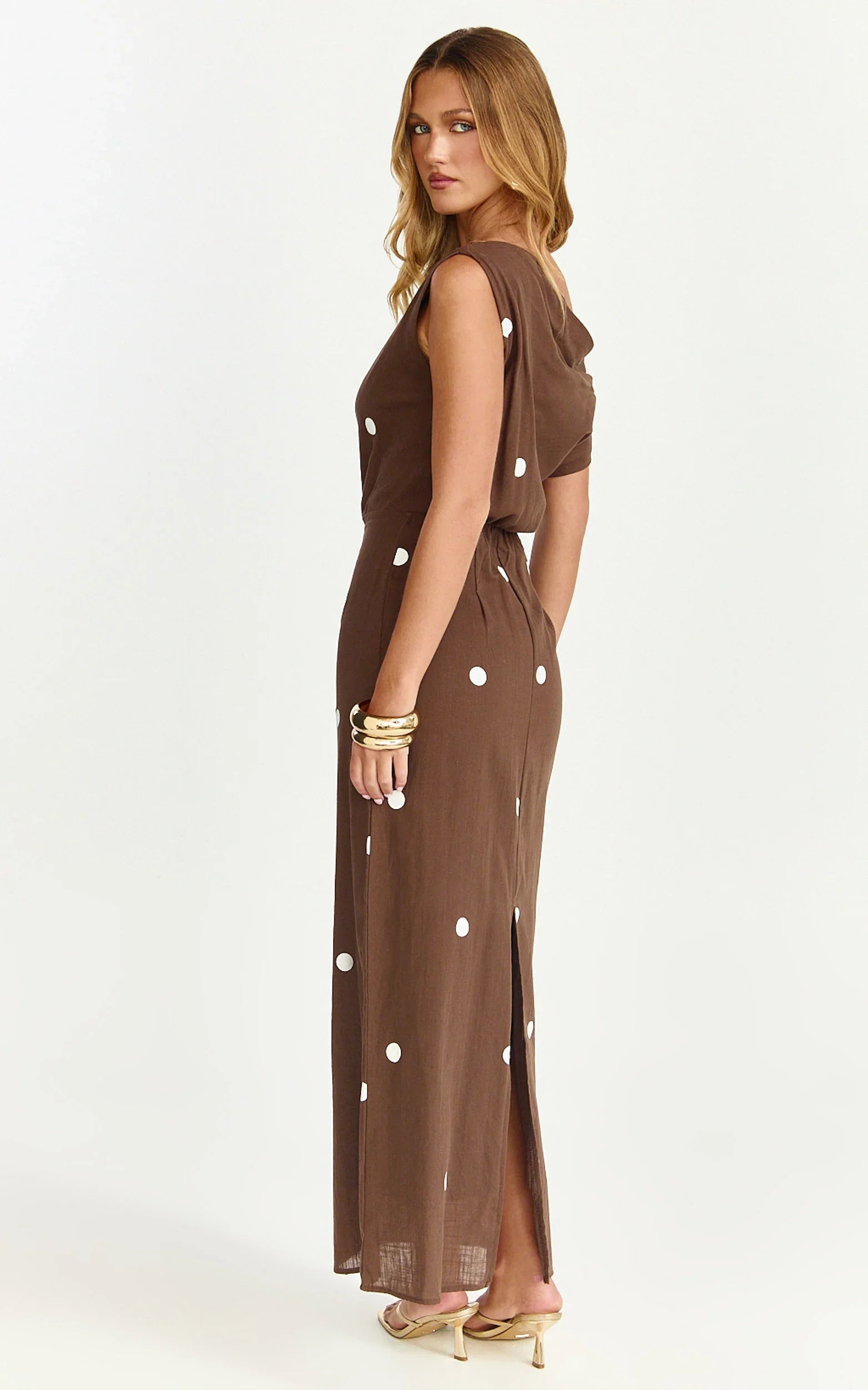 Cia Maxi Dress - Tipped Shoulder Linen Polkadot Dress in Chocolate